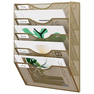 EasyPAG Wall File Organizer 5 Tier Hanging Paper Folder Holder, Zero Assembly Metal Mesh Wall Mounted Mail Organizer for Office Home Classroom Narrow Spaces, Gold