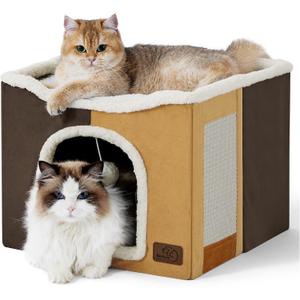 Bedsure Cat Beds for Indoor Cats - Large Cat Cave for Pet Cat House with Fluffy Ball Hanging and Scratch Pad, Foldable Cat Hideaway,16.5x16.5x13 inches, Burnt Honeycomb (Single)