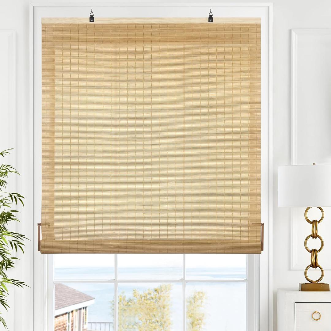 LazBlinds Cordless Bamboo Blinds, Roll Up Shades for Windows, Light Filtering Hanging Window Blinds, Bamboo Shades for Patio Indoor/Outdoor Porch, 29'' W x 72'' H, Carbonized