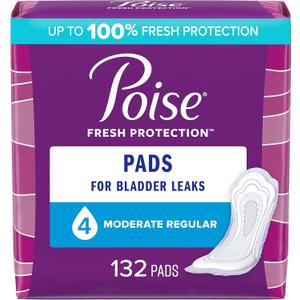 Poise Incontinence Pads & Postpartum Incontinence Pads, 4 Drop Moderate Absorbency, Regular Length, 132 Count, Packaging May Vary