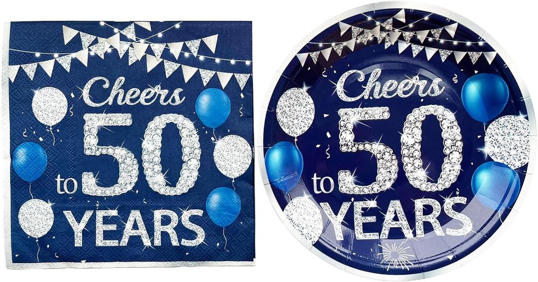 36PCS Happy Birthday Decorations Blue Silver Party Supplies Set Includes Disposable Paper Birthday Plates and Napkins for 50th Decorations