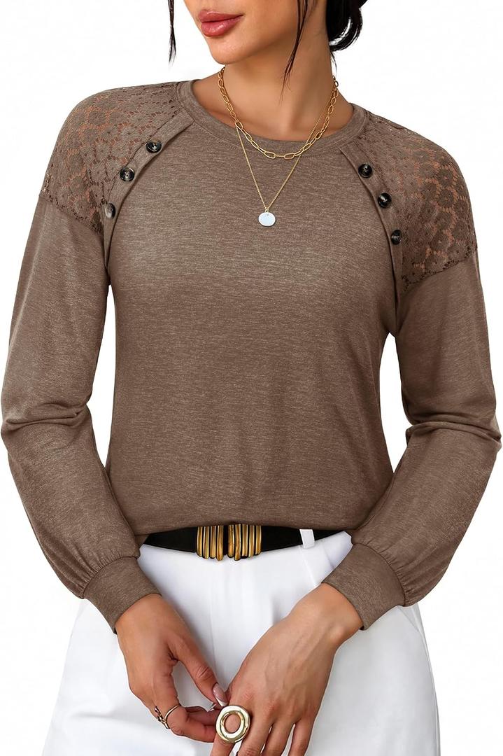 siliteelon Lace Long Sleeve Tops Dress Shirt Women's Crew Neck Loose Dressy Blouse Business Casual Work Summer 2026 Brown (S)