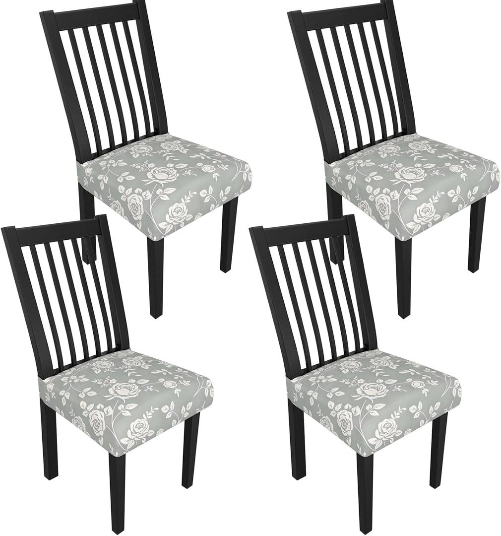 Stretch Dining Chair Seat Covers Set of 4,Dining Chair Slipcovers, Floral Printed Chair Covers,Soft Fabric Washable Upholstered Chair Seat Protector, No Rear Covers for Home Kitchen Dining Room