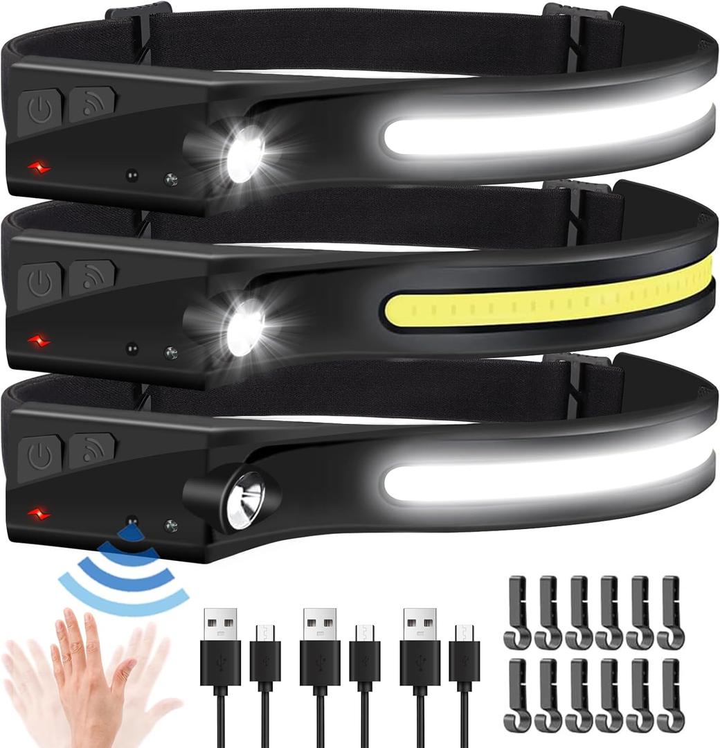 Headlamp Flashlight, 3Pack Rechargeable LED Headlamps 1200Lumens 2 COB 230Wide Beam Headlight with Motion Sensor Bright 5 Modes Lightweight Waterproof Head Lamp for Outdoor Running, Camping Hiking (Mysterious Black)