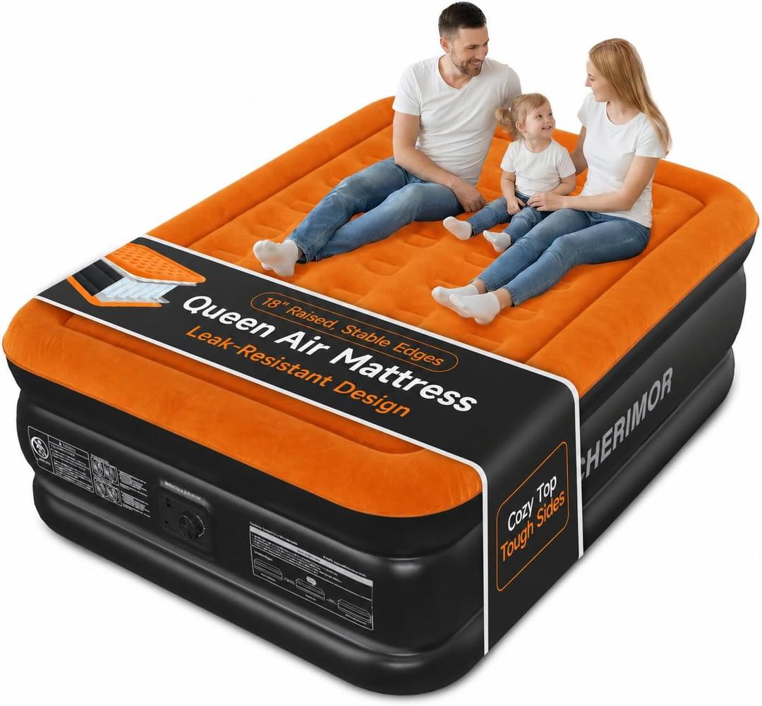 CHERIMOR Queen Air Mattress with Built-in Pump, Stable Edge Design, 48-Hour Leak-Tested Durable PVC, Supports up to 800 lbs, 3-Min Fast Inflation, Portable Inflatable Bed for Home Guests & Camping