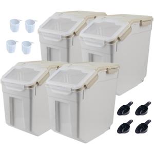 Large Flour Storage Container Bin 25lb, 4Pack Airtight Rice Storage Containers with Wheels Seal Locking Lid, BPA Free with Measuring Cup&Scoop for Flour, Rice, Grain(Gray)