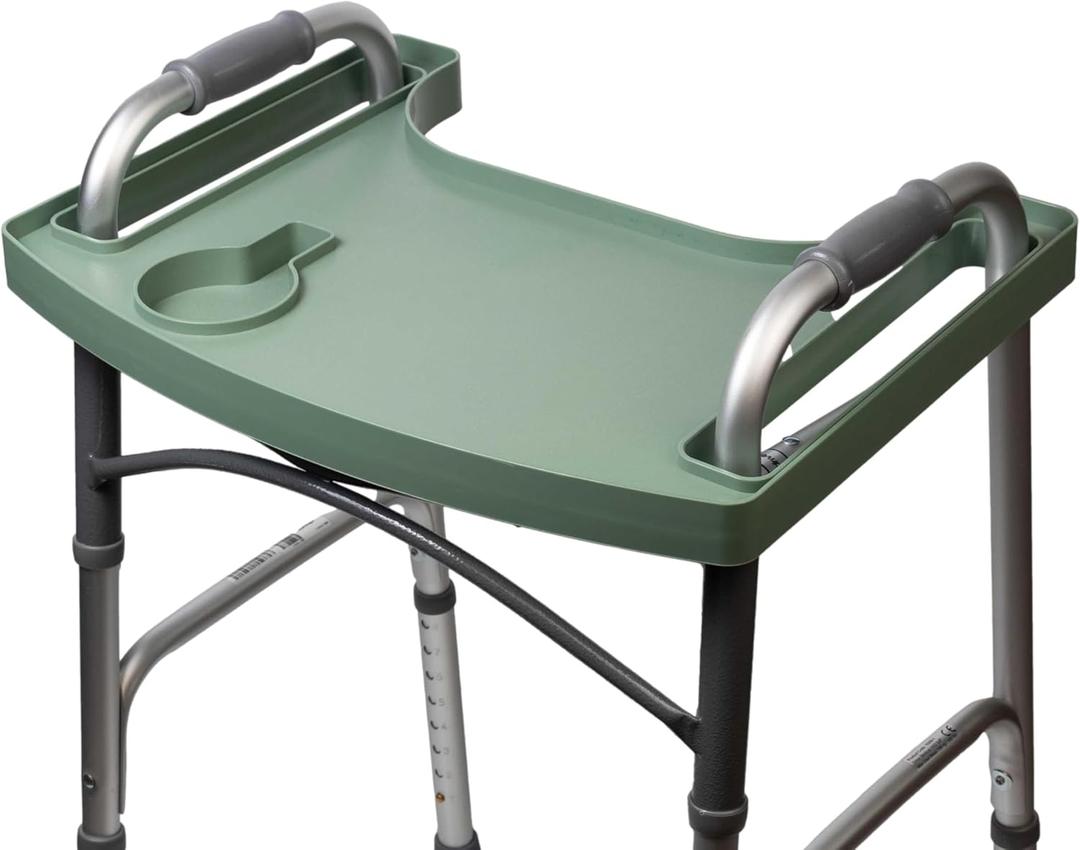Sigo Green Walker Tray for Rolling Folding Walker, Tray Table with Cup Holder for Standard Walkers Seniors, Detachable Non Slip TV Accessories Basket Holding Plate Cups Clip On Small Bag Carrier (Green)