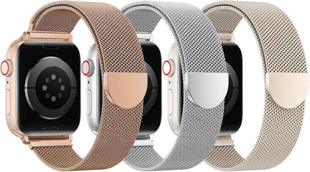 BELONGME 3 Pack Mesh Loop Compatible with Apple Watch Bands for Women Men 40mm 41mm 38mm 42mm 44mm 45mm 49mm 46mm Series 11 10 9 8 7 6 5 4 Ultra3 SE3 2, Stainless Steel Metal Magnetic Strap for iWatch (Champagne Gold+Silver+Starlight)