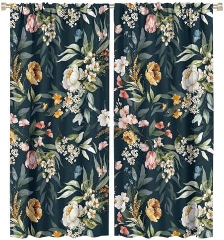 SHElifestyle Black Floral Boho Curtains, Vintage Retro Wildflower Window Treatments for Living Room Watercolor Colorful Leaves England Gardern Window Drapes for Woman Bedroom Kitchen 42x45in