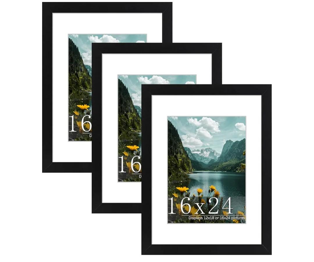 Picrit 16x24 Picture Frame 3 Pack, Black Poster Frame, Display Poster 12 x 18 with Mat or 16 x 24 without Mat for Horizontal or Vertical Wall Mounting