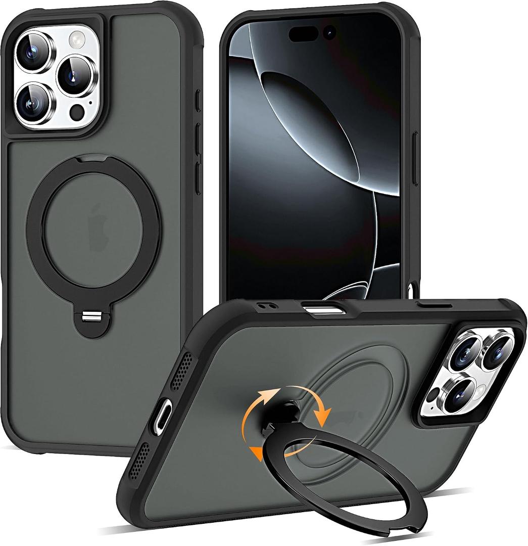 Compatible with iPhone 16 Pro Max Case with 360 Stand,Black | Magnetic 360 Spin Stand