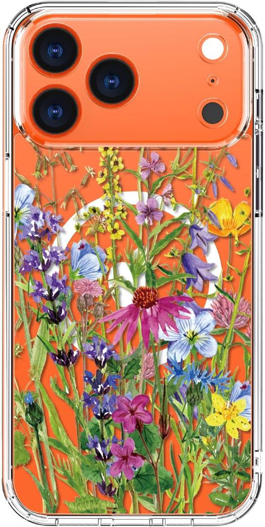 bicol for iPhone 17 Pro Case with Screen Protector - Wireless Charging Compatible, Enhanced Camera Protection - Clear Acrylic Phone Cover with Trendy Floral Design for Women - Blooming Flowers