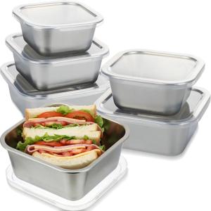 6 Pcs 304 Stainless Steel Food Storage Containers with Lids, Leakproof Meal Preparation Container Stackable Food Container Boxes for Kitchen Picnic, Dishwasher Safe(Square, 20/30/40 oz)