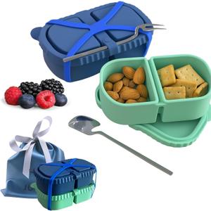 2 Pack Reusable Silicone Snack Containers with Lid, Strap, Spoon & Fork-2 Compartments Portable Mini ContainersSilicone Snack Storage Box for Picnic, Office, School(blue+green)