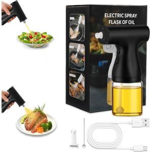 Electric Oil Sprayer with 2 Nozzles + Cleaner - 9 oz Portable Glass Olive Oil Spray Bottle for Healthy Cooking, TYPE-C Recharge & Leak Proof Design, Air Fryer, Baking, Gifts & Calorie Control, Black