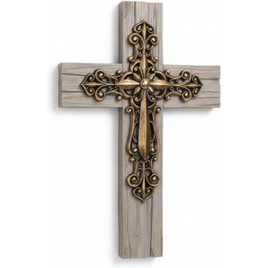 Comfy Hour 13" Decorative Layered Wall Cross, Antique Style Copper Tone Cross on Rustic Wood Look Base, Artisan Crafted Resin Plaque for Home and Office Wall Art