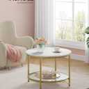 VASAGLE Round Coffee Table, 2-Tier Small Coffee Table with Faux Marble Top and Glass Shelf, Modern Style, for Living Room, 25.6 x 25.6 x 18.1 Inches, Marble White and Pale Gold ULCT072W59, 25.6"dia. X 18.1"h