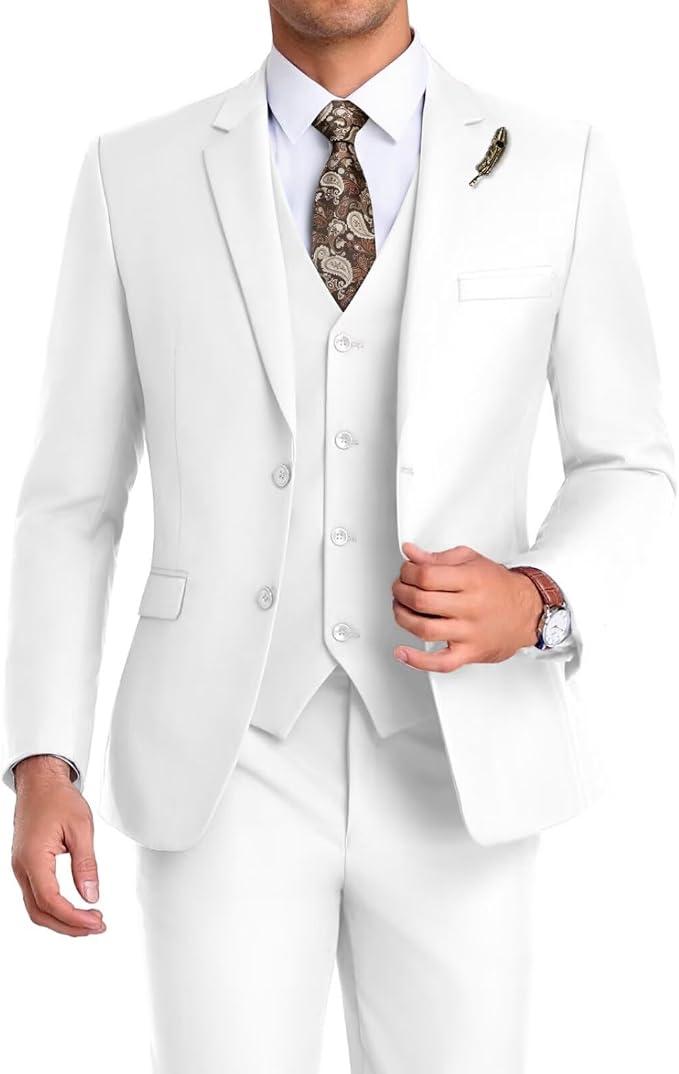 Men Suit 3 Pieces Slim Fit Jacket Vest Pant with Tie Groomsmen Wedding Business Prom Tuxedo, 2 Buttons, Elastic Waistband, Notched Lapel, Real Pocket, Easy Care, Easy to Match, M