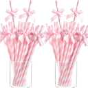Potchen 200 Pcs Valentine's Day Bow Paper Straws Bulk Pink and White Disposable Striped Straws for Drinking, Valentines Theme Party Supplies for Birthday Wedding Cake Bachelorette Baby Shower Decor