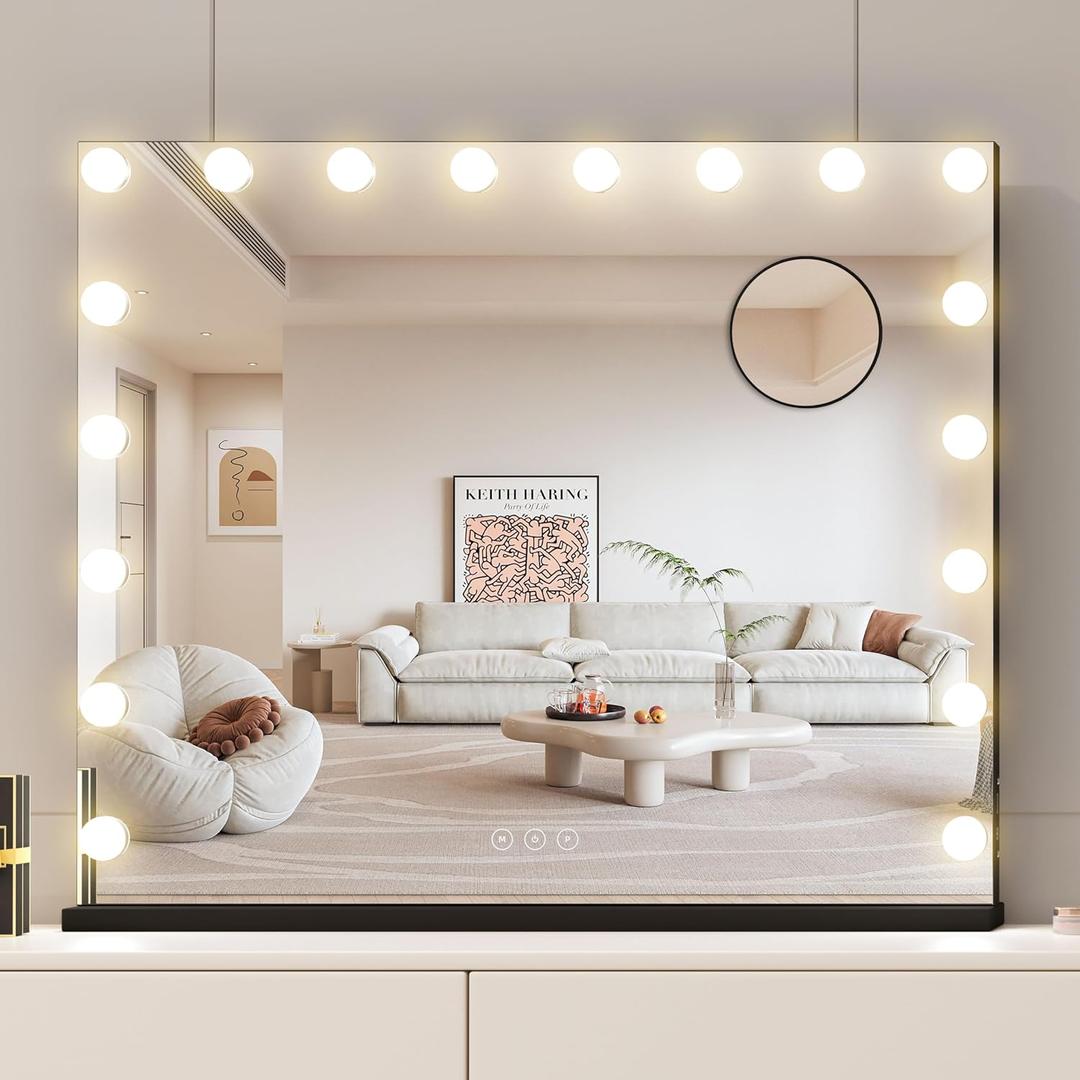 Vanity Mirror with Lights,Makeup Mirror with 17 Dimmable LED Bulbs, 3 Color Lighting Modes Detachable 10X Magnification Mirror Touch Control, 23.6X19,7 inch, Black
