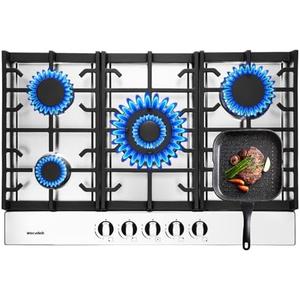 Gas Cooktop Stove 30 Inch Built-in Gas Stove Top with 5 Burners 35900 BTU,LPG/NG Dual Fuel,Auto Ignition,Thermocouple Protection,Stainless Steel,Heavy Duty Cast Iron Grates for Kitchen