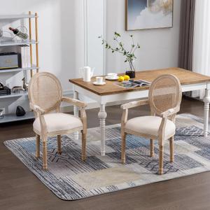 Set of 2 French Vintage Upholstered Dining Armchairs,Beige Fabric Dining Chairs with Rattan Mesh Round Back, Rubberwood Frame, Weathered Finish, Farmhouse Kitchen Side Chairs with Arms for Dining Room, 21.66
