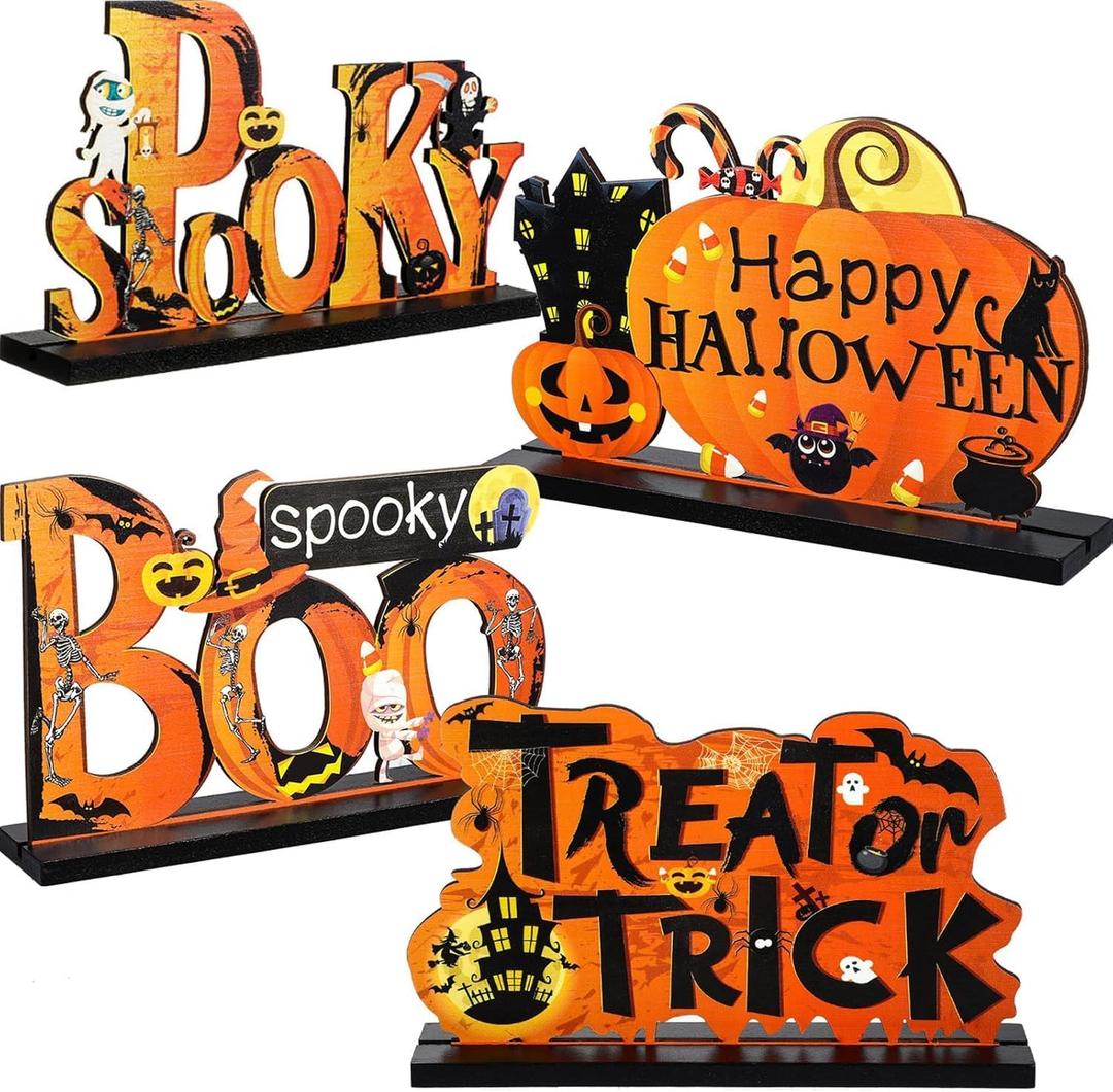 4pcs Halloween Table Decorations Mouse Wood Centerpieces Happy Halloween Party Decorations Spooky Ghost Trick or Treat Pumpkin Pattern Halloween Centerpieces for Tables