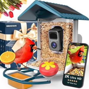 Bird Feeder with Camera Solar Powered, 2K Live Arrival Alert Auto Capture Video with 32GB TF Card, AI Identify Smart Camera Bird Feeder Ourdoor Backyard Gift for Mom Dad Birdlover, 2.4G WiFi (White Blue)