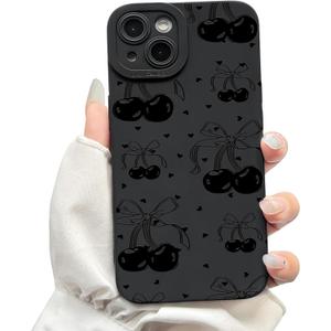 NITITOP Compatible with iPhone 14 Plus Case Cute Cherry Bow Ribbon Pattern for Girls Women Soft TPU Durable Full Camera Lens Shockproof Protective Cover - Black