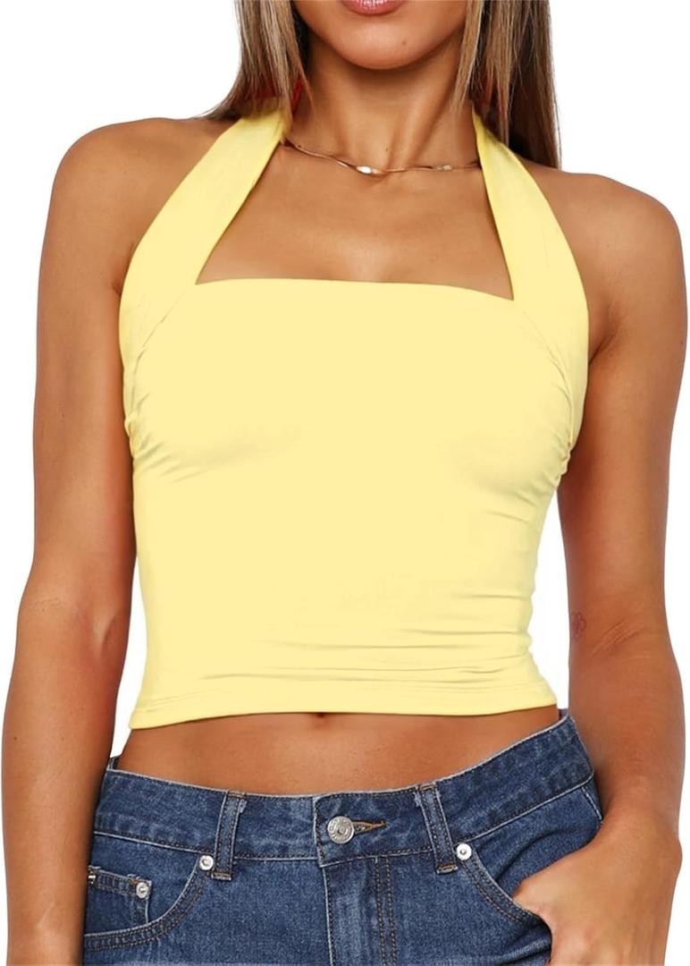TiulZial Women Sexy Halter Neck Backless Tank Top Open Back Sleeveless Slim Fit Y2k Summer Tops (Yellow, S)