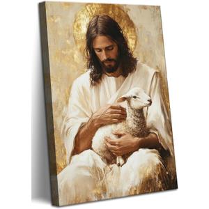 KYHDCJUB Jesus and Lamb Wall Art Jesus Saves the Lost Lamb Painting Christian Picture Wall Decor God Embraces Sheep Picture Prints Artwork for Living Room Bedroom Church 16x24 Inch Ready to Hang