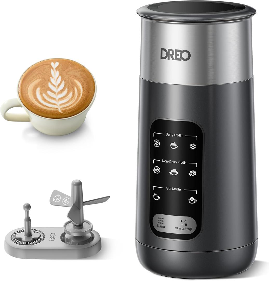 DREO Milk Frother, 8-in-1 Electric Stainless Steel Frother for Latte Art Microfoam and Coffee, 9oz/270ml Warm and Cold Foam Automatic Frothers, LED, Easy to Clean (Midnight Black)