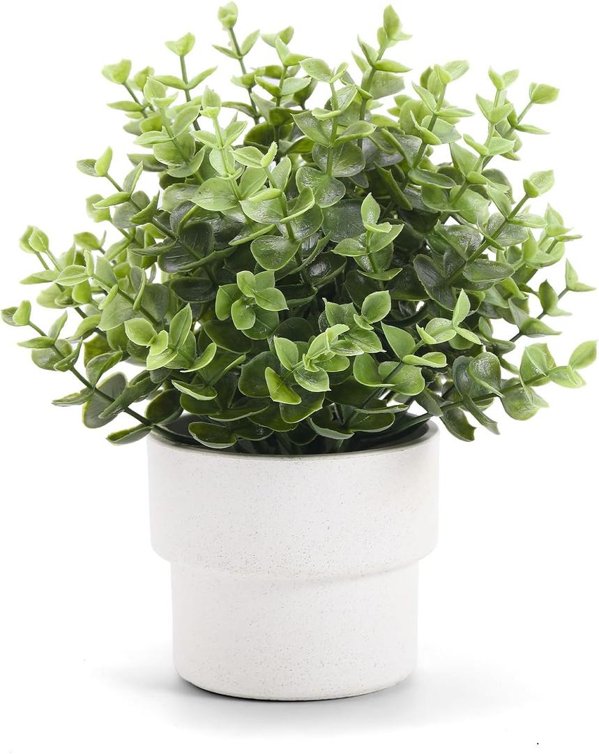 Coferset Small Fake Plants 7.45 Eucalyptus Potted Artificial Eucalyptus Plant for Bedroom Kitchen House Living Room Shelves Farmhouse Table Office Desk Bathroom Home Indoor Decor (Green)