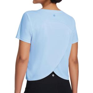 baleaf Women's Athletic Sun Shirts Short Sleeve Running Tops Workout Cropped Split Back UPF 50+ Quick Dry Lightweight (Blue, L)
