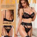 RSLOVE Lingerie Set for Women Sexy - Corset And Panty Outfits 3 Piece Lace Push Up Underwire with Garter Lingerie (Black, S)