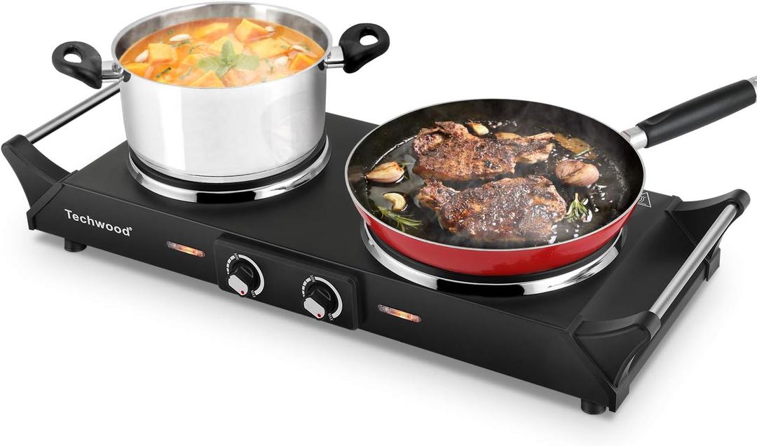 Techwood ES-3203 Hot Plate Electric Double Burner 1800W for Cooking with Adjustable Temperature & Stay Cool Handles, Black Stainless Steel, Compatible for All Cookwares