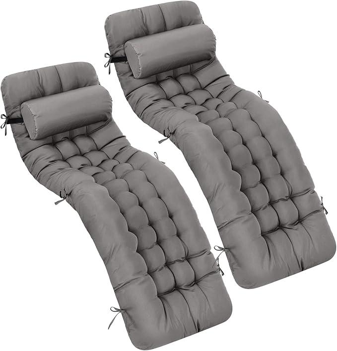 Tudomro Outdoor Chaise Lounge Cushion 66x21x4'' Waterproof & Fade-Resistant Patio Pool Chaise Lounge Cushion Headrest Pillow Tie Replacement Rocking High Back Chair(Dark Gray,Set of 2)