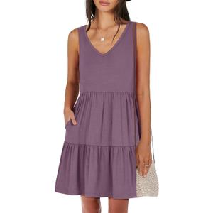 ANRABESS Womens Summer Casual Tank Dress Sleeveless V Neck T Shirt Sundress Flowy Tiered Swing Mini Beach Vacation Dresses (Small, Purple)