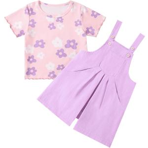Toddler Baby Girls Summer Clothes Floral T-Shirt Top Bib Suspender Overall Shorts Set 2Pcs Infant Outfits 1-5T