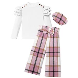 MIGU Girls Clothes Size 7-8 Kids Clothes Fashion White Long-sleeved Tops White and Pink Plaid Loose Straight Leg Pants Plaid Hat Girls Outfits Fall 3pcs