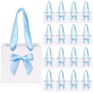 Kolldenn 50 Pcs No DIY Small Gift Bags with Bow Ribbon 4 x 2.7 x 4.5 Inches Mini Paper Thank You Bags Bulk with Handle for Party Favor Wedding Baby Shower Birthday Guests(White and Blue)