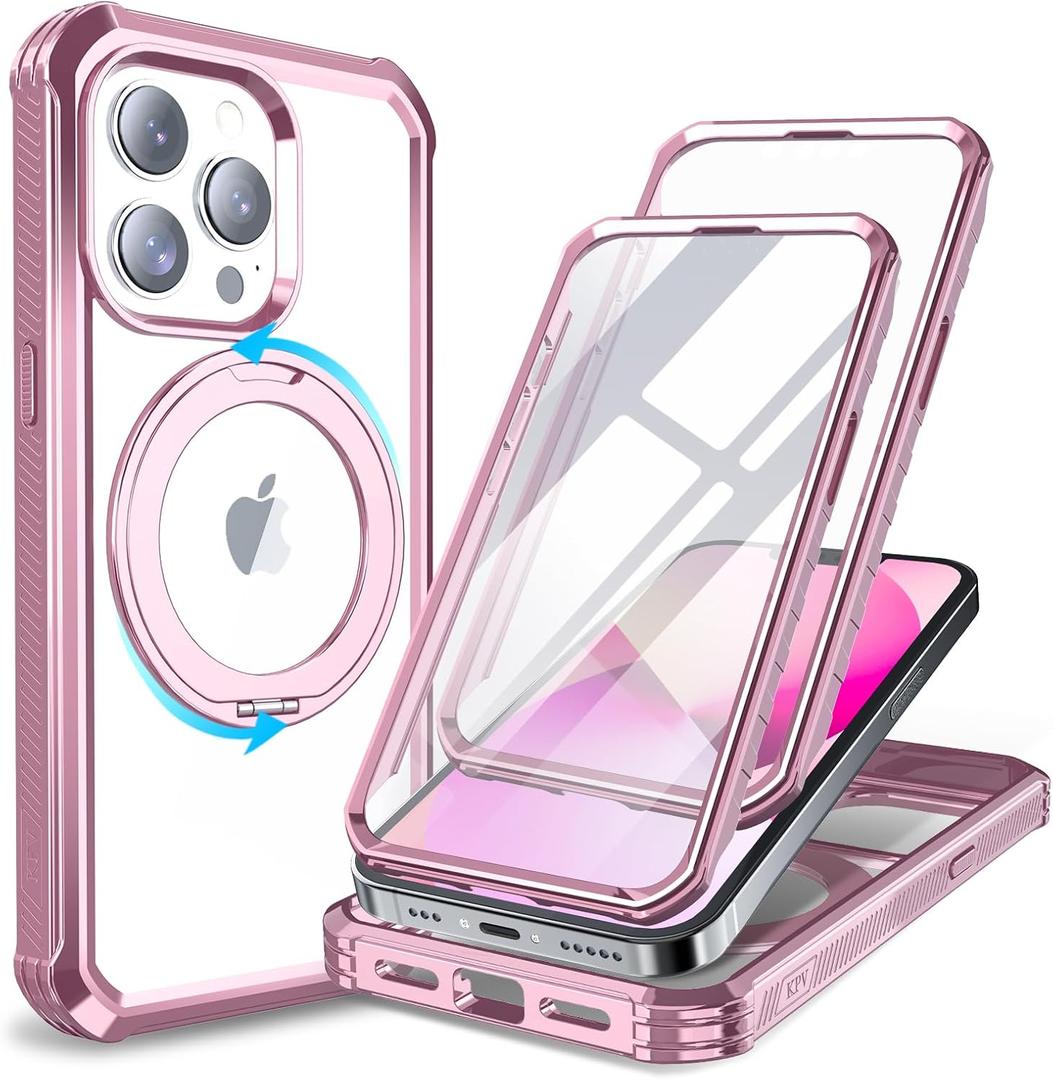 KPV for iPhone 13 Pro Case,3in1/Compatible with MagSafe/with 2X Front Case Protection/Invisible Magnetic Ring Metal Stand/Shockproof Military-Grade Protection(V-Rose Gold,Rotatable Stand)