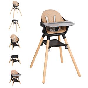 High Chair, 6 in 1 Wooden Convertible High Chairs for Babies and Toddlers, Booster Seat with Double Tray & Reversible Footrest Baby Highchair, 5-Point Harness Baby Feeding Chair, Black