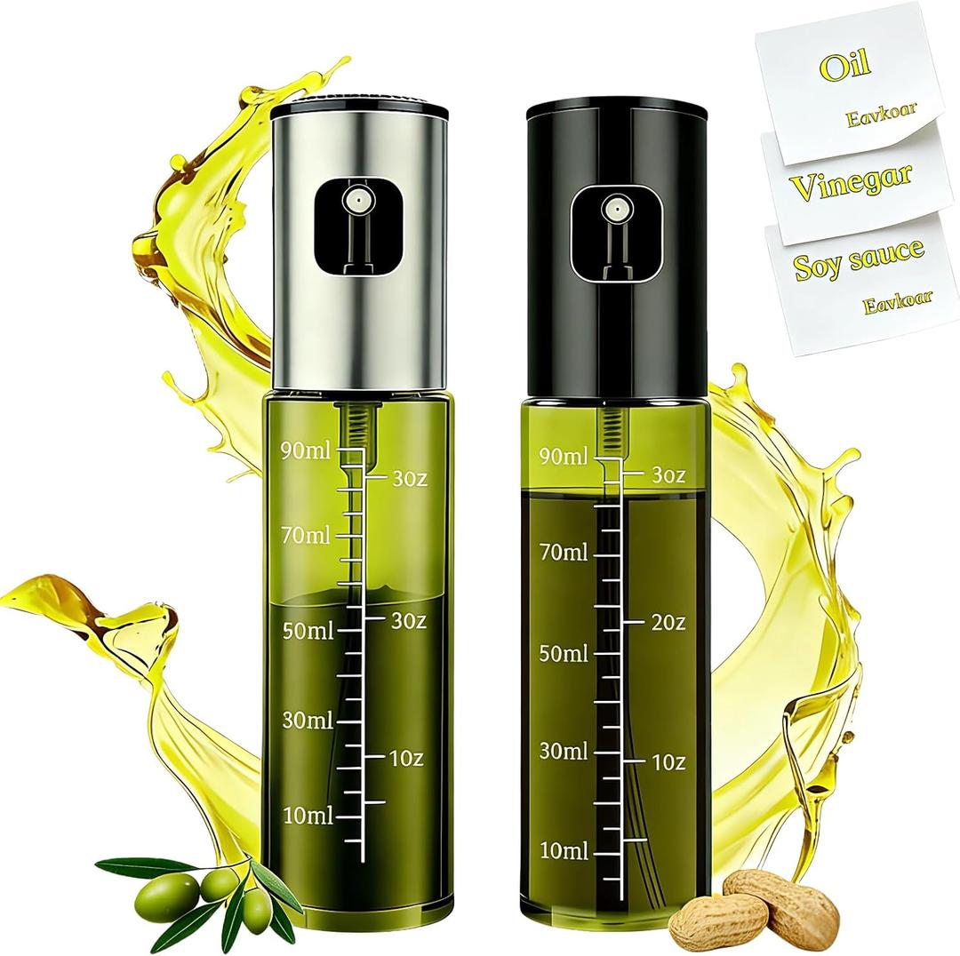 Cooking Oil Sprayers, 2-Pack Upgraded Olive Oil Spray Bottles, Refillable, Air Fryer Accessories, Suitable for Kitchens, Salads, Baking, Grilling, Fryingwith 3D stickersLight-proof glass (Silver cap with dark green bottle body plus black cap with dark green bottle body)