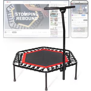 SportPlus+ Indoor Trampoline, Blue/Green/Red, Rebounder Home Fitness Trampoline with Height Adjustable Bar
