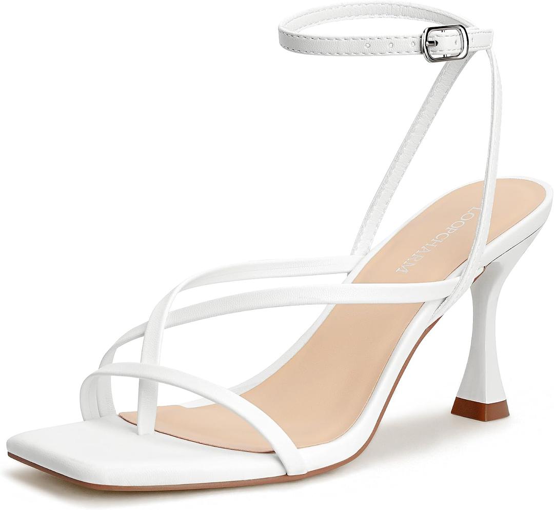 Women's Strappy High Heels Sandals Square Open Toe Ankle Strap Slingback Thong Stilettos Shoes for Wedding, 6