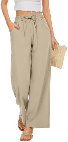 KICZOY Women Flowy Pants Drawstring Waist Wide Leg Palazzo Beach Pants Loose Fit with Pockets, Size XL