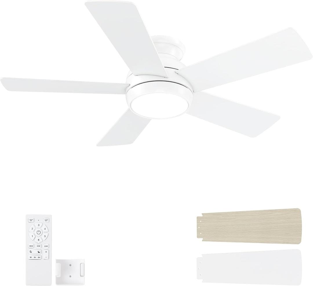 42 Inch White Ceiling Fans with Lights and Remote, LED Low Profile Flush Mount Ceiling Fan for Bedroom, Living Room, Patio, Quiet DC Motor, 5 Blades