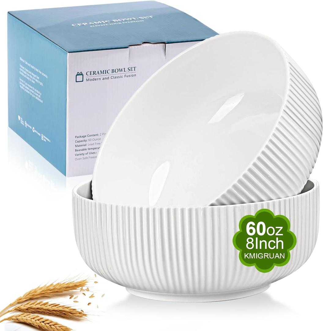 KMIGRUAN 60oz Salad Bowl Set,2 Pack Serving Bowls for Entertaining,8inch Large White Ceramic Bowl for Side Dishes,Soup, Pho, Cereal, Pasta, Fruit, Microwave and Dishwasher Safe