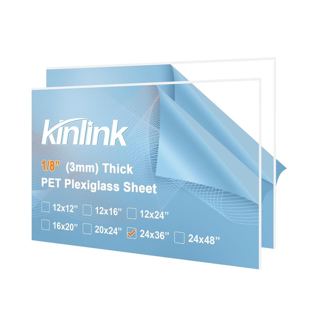 KINLINK 24x36 Plexiglass Sheets 1/8 inch Thick, 3mm Clear PET Large Acrylic Sheets Plastic Sheet for DIY Project, Craft, Table top, Picture Frame, Acrylic Sign and Wedding Invitation 2 Pack
